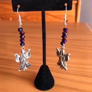 Purple Glass Bead Angel Silver Earrings